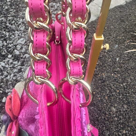 Sharif Designed in New York Pink Leather Sequin Fringe Shoulder Bag Magenta - Picture 9 of 17